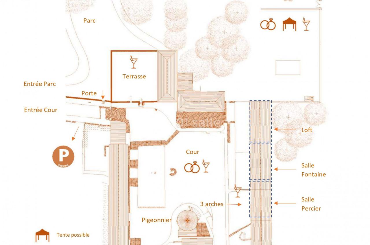 Plan des lieux Plan illustré d'un lieu avec bâtiments, cour, terrasse, parc, loft et indications pour événements comme cocktails ou…