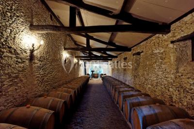 Miniature Location salle La Chapelle-Heulin (Loire-Atlantique) - Château Cassemichère #33 Rangées de tonneaux en bois alignés dans une cave voûtée avec éclairage tamisé.