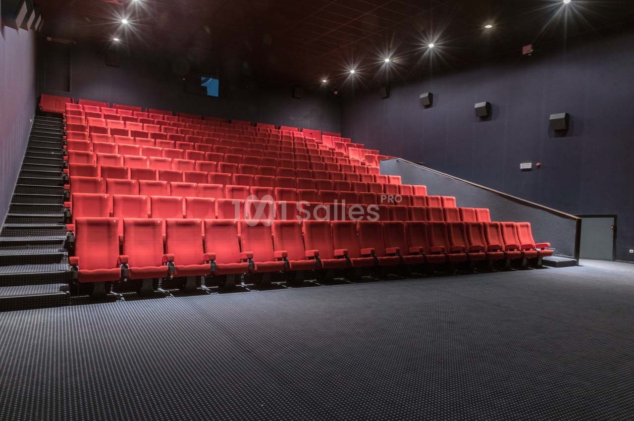 Salle de cinéma vide avec des rangées de sièges rouges et un sol recouvert de moquette sombre.