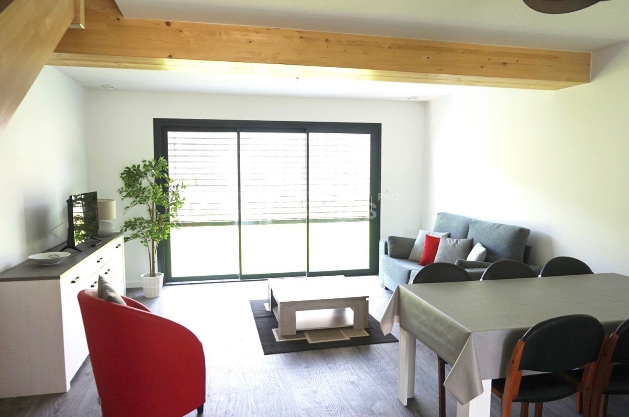 Salon lumineux avec canapé, table à manger, fauteuil rouge, meuble TV, plante verte et grande baie vitrée.