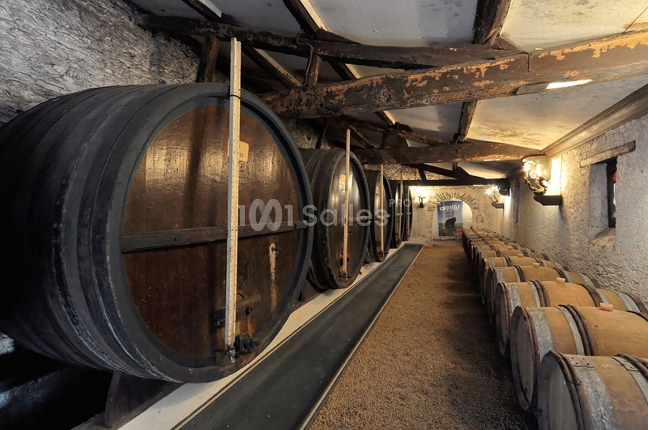Rangées de tonneaux en bois dans une cave voûtée avec murs en pierre et éclairage tamisé.