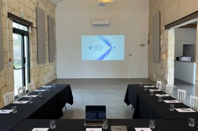 Grand arbre au centre d'un jardin verdoyant, avec une maison en pierre et une allée gravillonnée en arrière-plan.