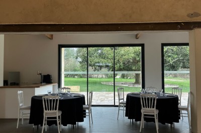 Grand arbre au centre d'un jardin verdoyant, avec une maison en pierre et une allée gravillonnée en arrière-plan.