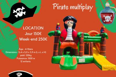 Miniature Le Rallye Loc #2 Structure gonflable jungle avec animaux et toboggan, entourée de feuilles, avec détails de location et caractéristiques.