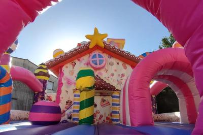 Miniature Le Rallye Loc #8 Structure gonflable jungle avec animaux et toboggan, entourée de feuilles, avec détails de location et caractéristiques.