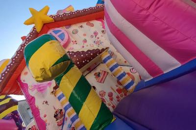 Miniature Le Rallye Loc #9 Structure gonflable jungle avec animaux et toboggan, entourée de feuilles, avec détails de location et caractéristiques.