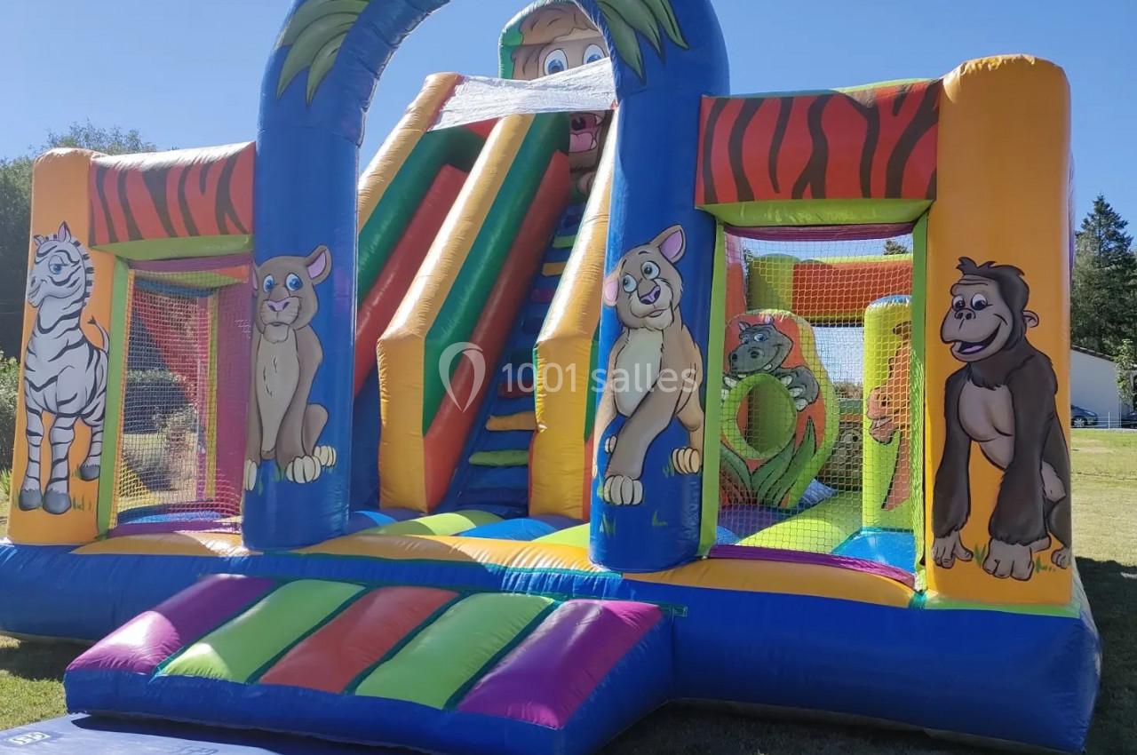 Structure gonflable colorée avec des illustrations d'animaux et un toboggan, installée sur une pelouse en extérieur.