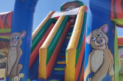 Miniature Le Rallye Loc #12 Structure gonflable jungle avec animaux et toboggan, entourée de feuilles, avec détails de location et caractéristiques.