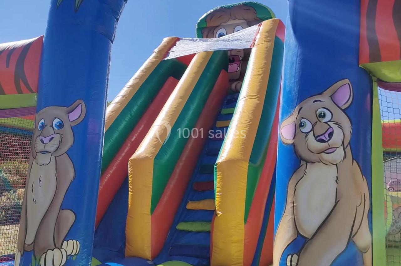 Structure gonflable colorée avec toboggan central et illustrations de lions sur les côtés.