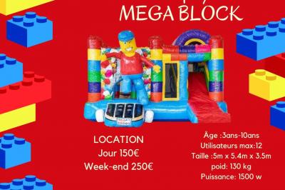 Miniature Le Rallye Loc #20 Structure gonflable jungle avec animaux et toboggan, entourée de feuilles, avec détails de location et caractéristiques.