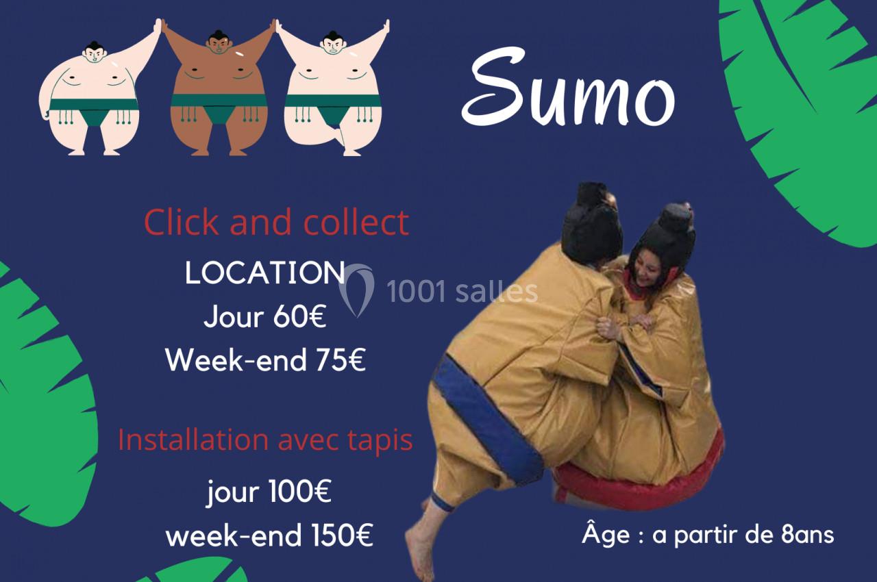 Deux personnes en costumes de sumo s'affrontent sur un tapis, entourées d'illustrations et de texte informatif.