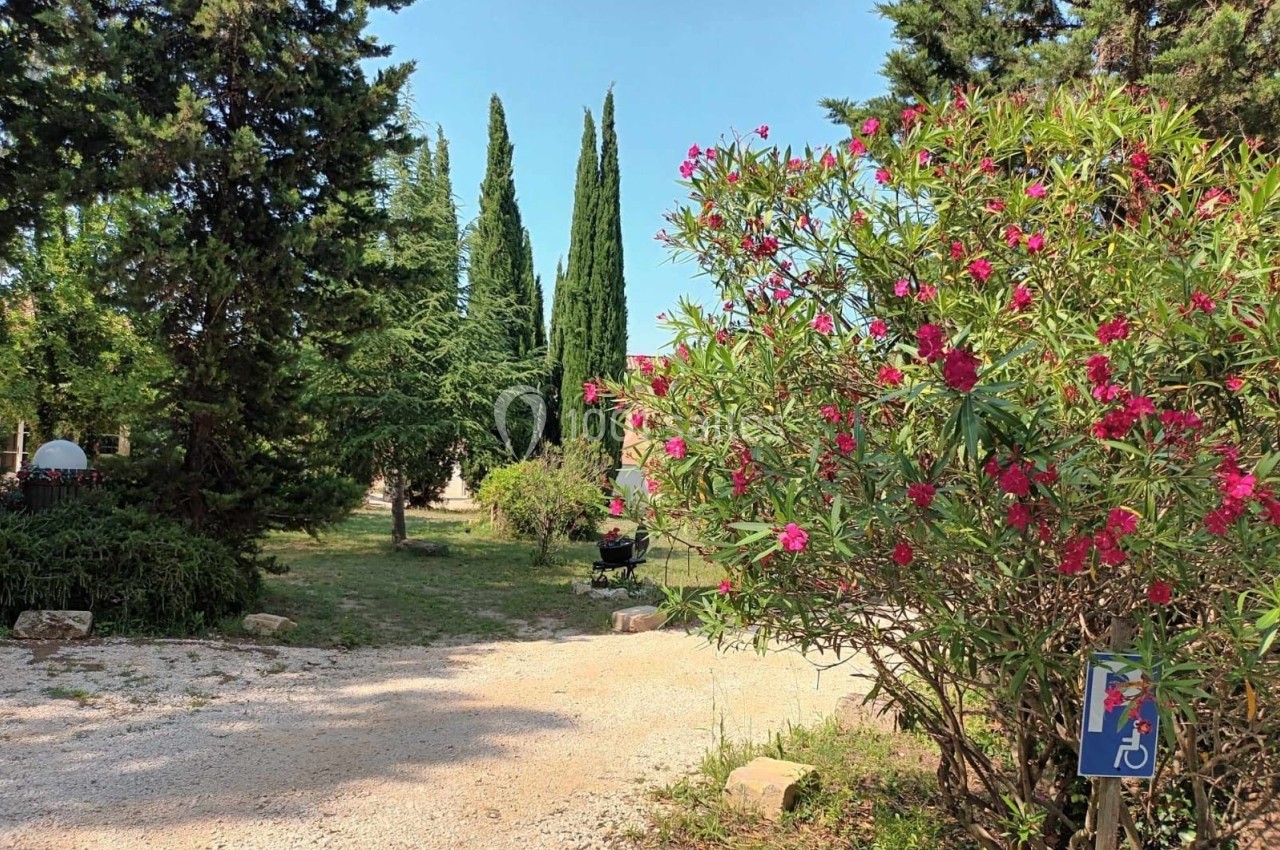 Chemin de gravier bordé d'arbustes fleuris et de cyprès, avec un panneau indiquant un accès pour personnes handicapées.