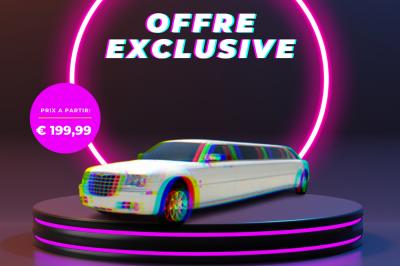 Limousine blanche sur une plateforme éclairée par des néons roses, avec texte ’Offre exclusive’ et prix affiché.