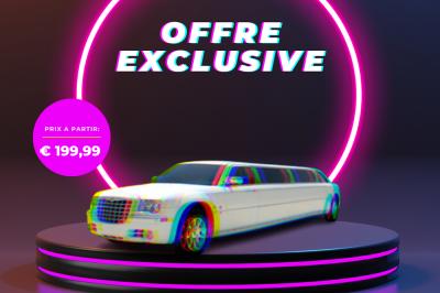 Limousine blanche sur une plateforme éclairée par des néons roses avec le texte ’Offre exclusive’ et un prix affiché.