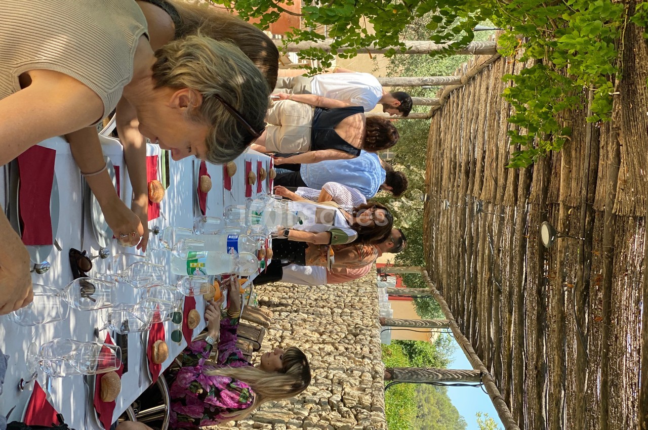 Des convives assis et debout partagent un repas en extérieur sous une pergola ombragée, entourés de verdure.