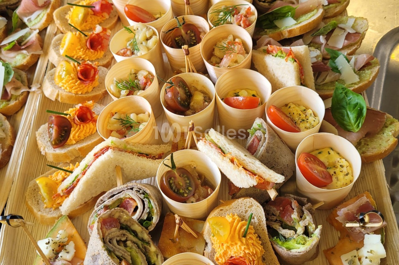 Plateau de bouchées variées comprenant sandwichs, roulés, verrines et garnitures colorées à base de légumes et herbes.