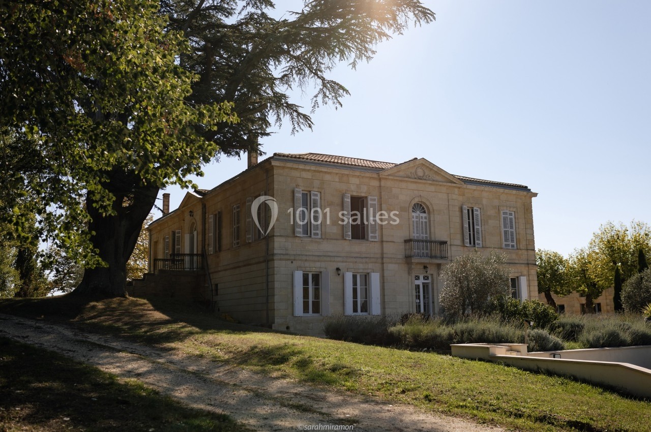Grande maison en pierre de style classique entourée d'arbres et d'un jardin sous une lumière ensoleillée.