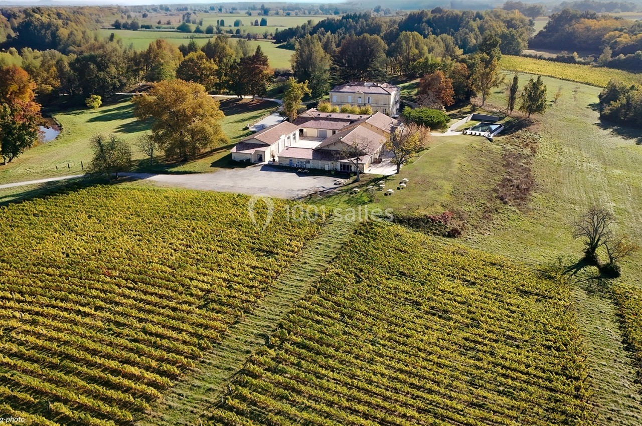 Vue aérienne d'un domaine viticole entouré de vignes, d'arbres et de prairies dans un paysage rural.