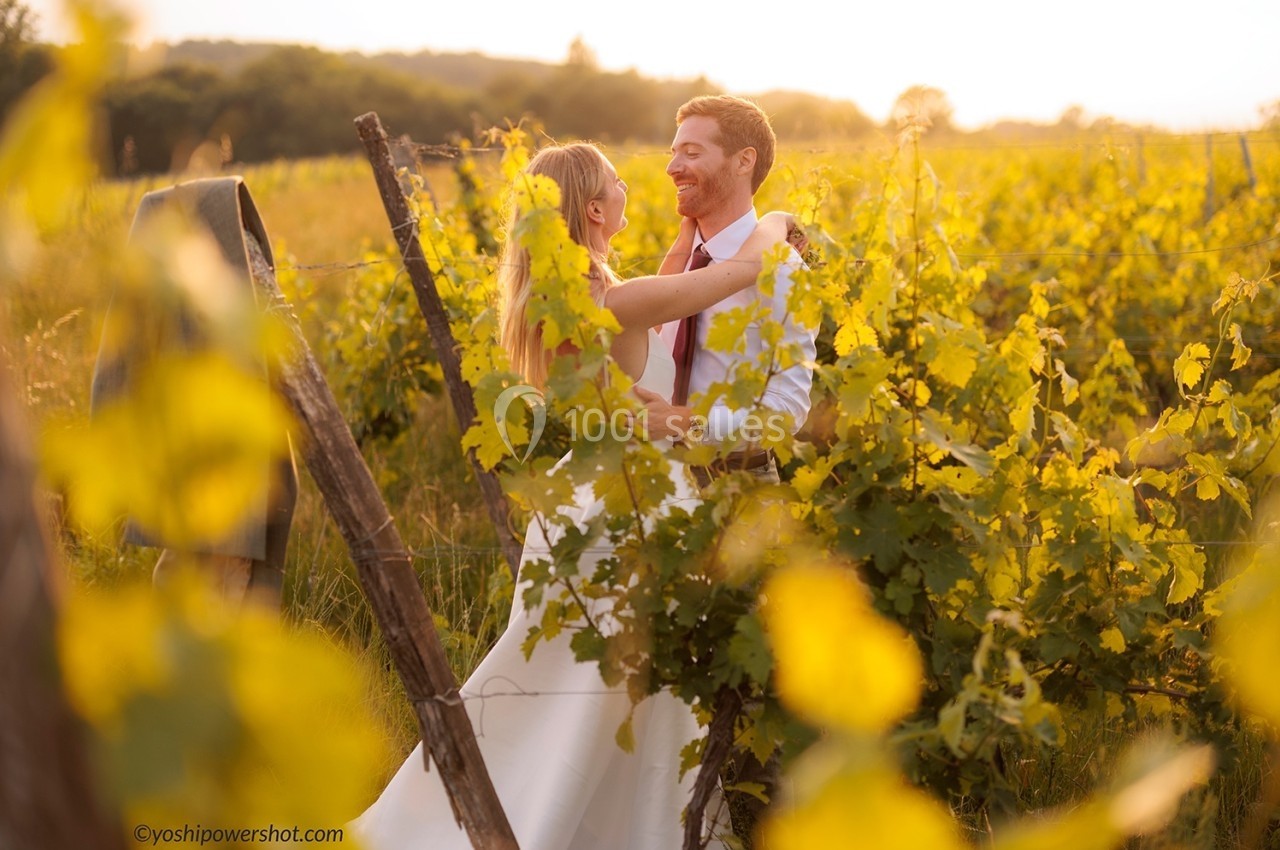 Un couple souriant s'enlace dans un vignoble au coucher du soleil, entouré de vignes verdoyantes.