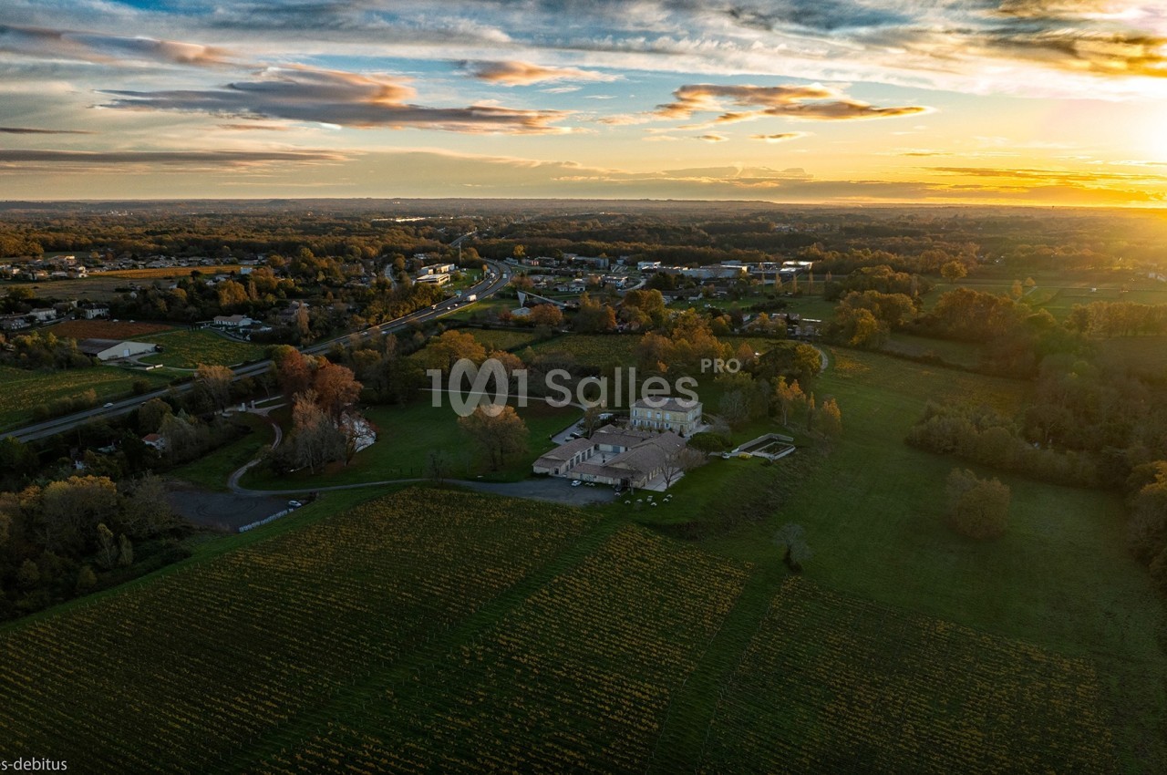 Vue aérienne d'un domaine entouré de vignes et de paysages ruraux au coucher du soleil.