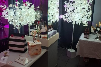 Miniature Traiteur Saint-Martin-le-Vinoux (Isère) - Brusyl - Open K Fe #11 Salle décorée avec des rideaux bleus, guirlandes lumineuses, vases avec branches et une table recouverte d'une nappe blanche.