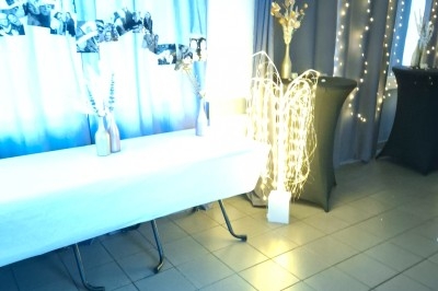 Miniature Traiteur Saint-Martin-le-Vinoux (Isère) - Brusyl - Open K Fe #24 Salle décorée avec des rideaux bleus, guirlandes lumineuses, vases avec branches et une table recouverte d'une nappe blanche.