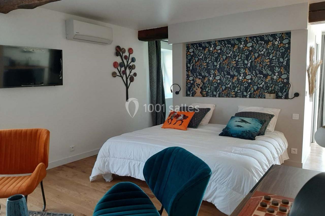 Location salle Bailleau-l'Évêque (Eure-et-Loir) - Le Domaine du Moulin 28 & SPA #29 Chambre lumineuse avec lit double, décor floral sur le mur, fauteuils colorés et télévision fixée au mur.