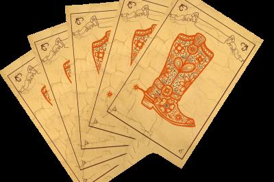 Affiche avec bottes, chapeau, fer à cheval, dés, cartes et pièce de papier évoquant un thème western.