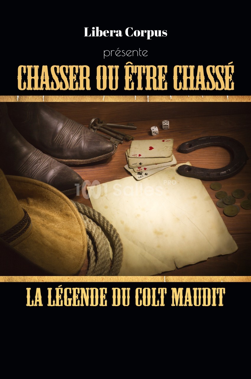 Affiche avec bottes, chapeau, fer à cheval, dés, cartes et pièce de papier évoquant un thème western.