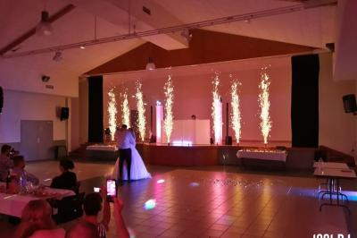 Miniature DJ Lagardelle-sur-Lèze (Haute-Garonne) - Pro Concept Evènement #39 Un couple de mariés s'embrasse sous une haie d'honneur formée par des pompiers tenant des roses rouges.