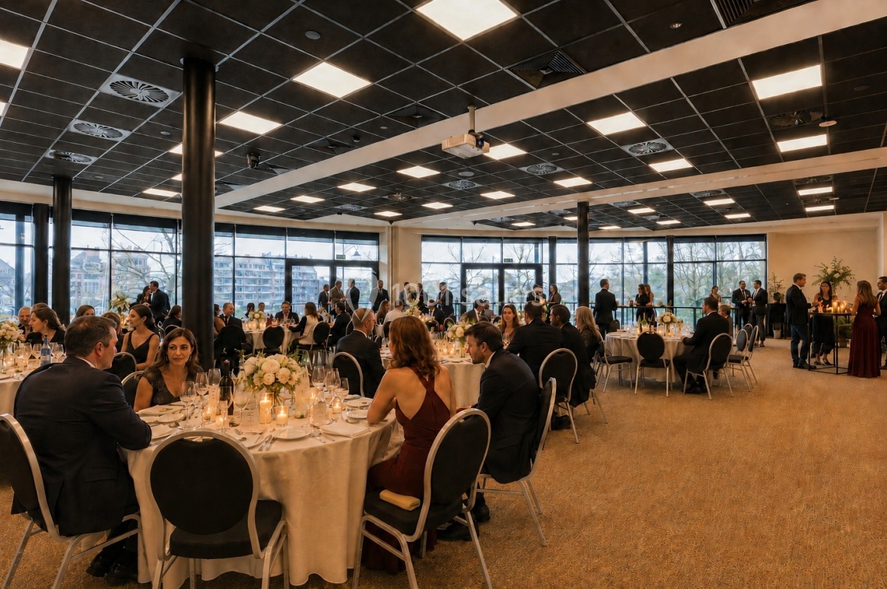 Salle de réception avec des invités assis à des tables rondes décorées, éclairée par des baies vitrées.
