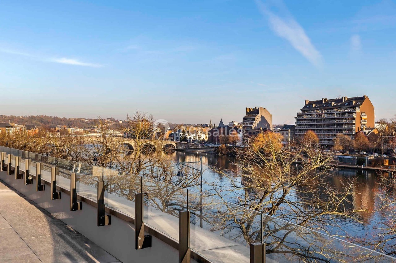 Vue sur une rivière bordée d'arbres et de bâtiments, avec un pont en arrière-plan sous un ciel dégagé.