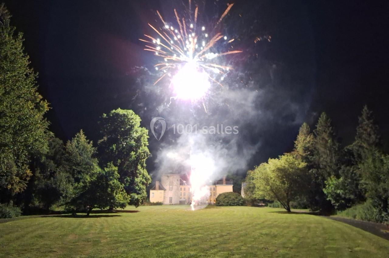 Feu d'artifice illuminant un jardin et une maison en arrière-plan, entourés d'arbres, de nuit.