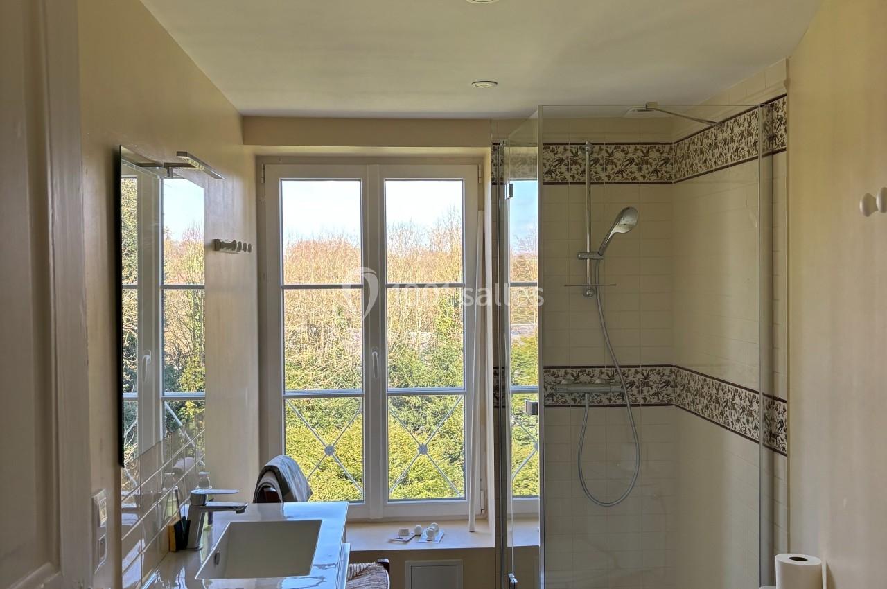 Salle de bain lumineuse avec douche vitrée, lavabo, toilettes et grande fenêtre donnant sur un paysage arboré.
