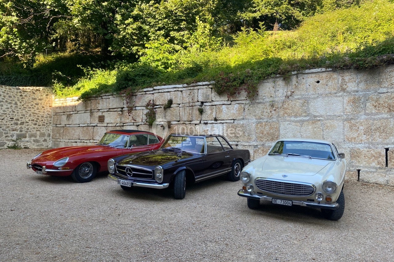 Trois voitures anciennes stationnées devant un mur de pierre, entourées de végétation.