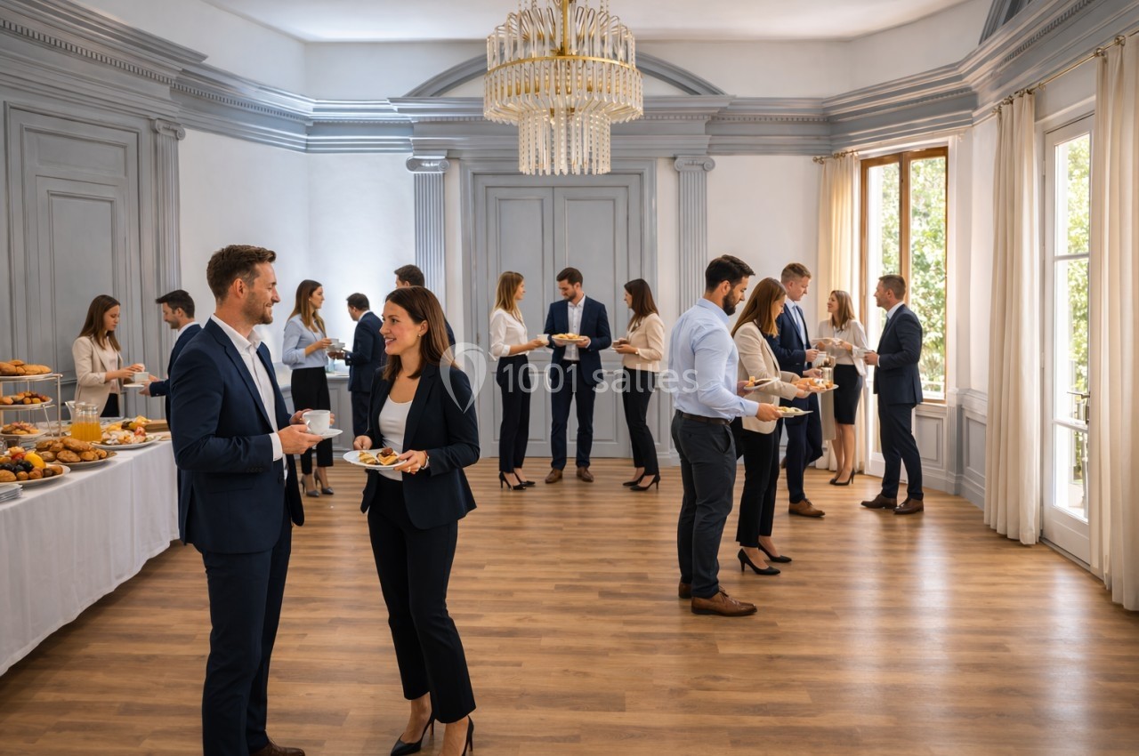 Personnes en tenue professionnelle discutant et partageant un buffet dans une salle lumineuse avec parquet et moulures.