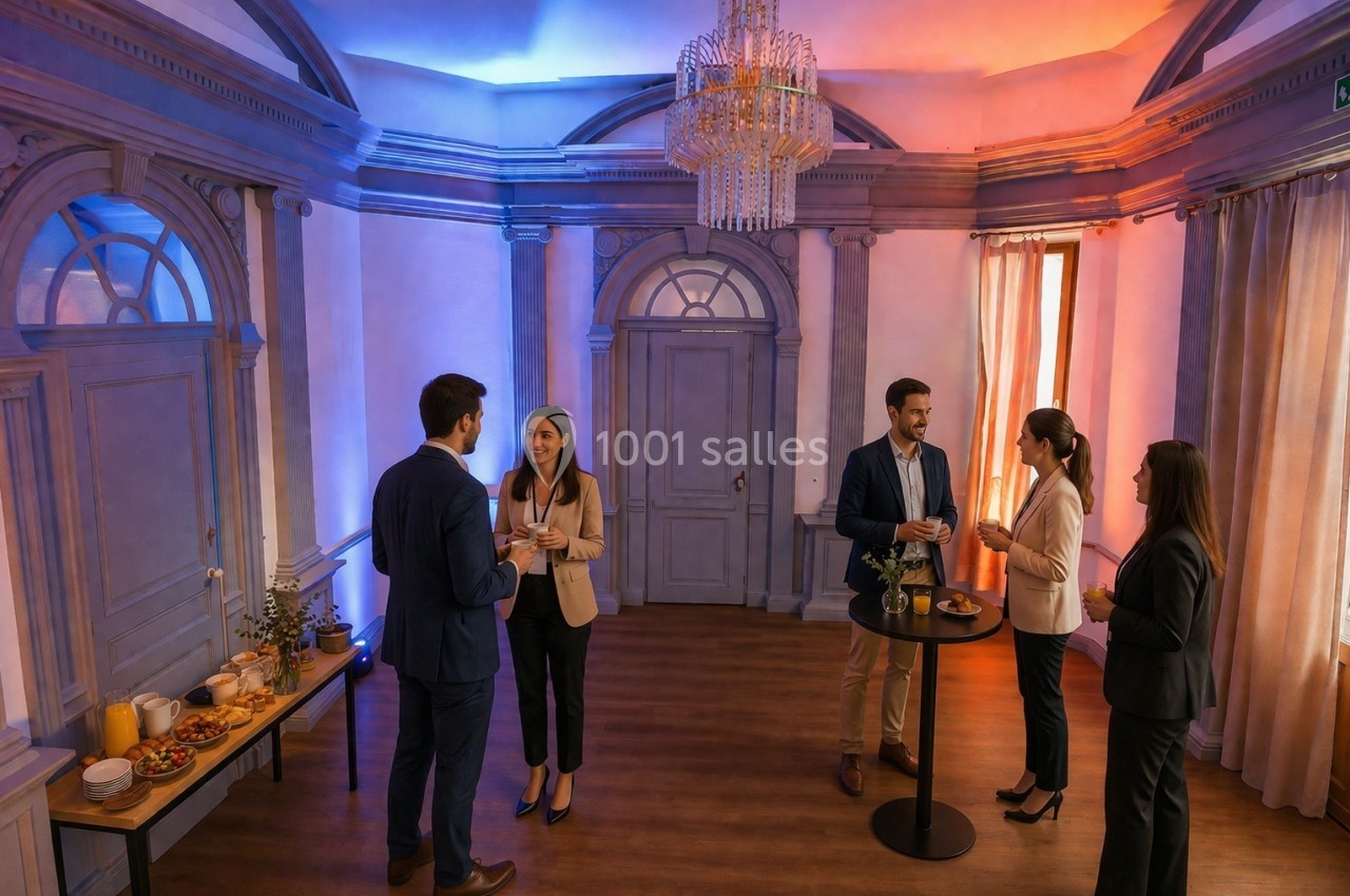 Location salle Nanterre (Hauts-de-Seine) - Manoir Loft 92 #15 Des personnes en tenue professionnelle discutent debout dans une salle élégante avec buffet et éclairage coloré.