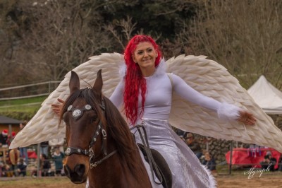 Femme en tenue traditionnelle caressant un cheval brun harnaché, dans un environnement naturel verdoyant.
