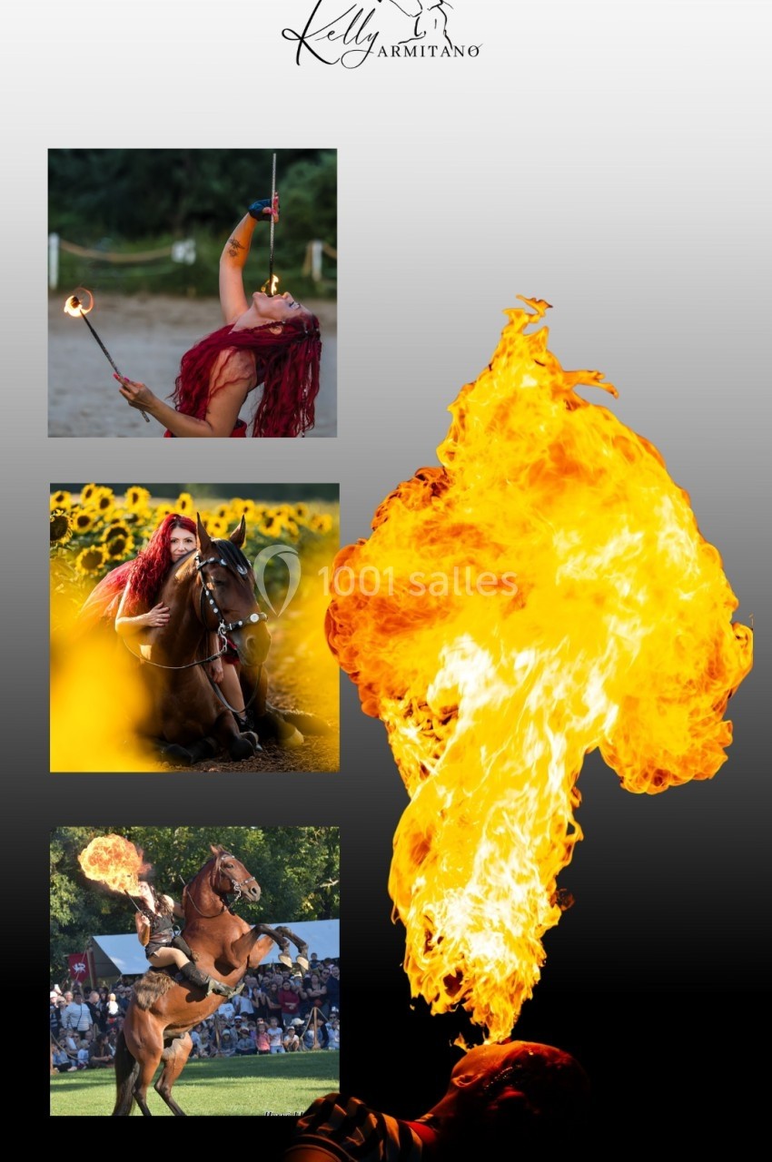 Performances artistiques : manipulation de feu, spectacle équestre et acrobaties en plein air devant un public.