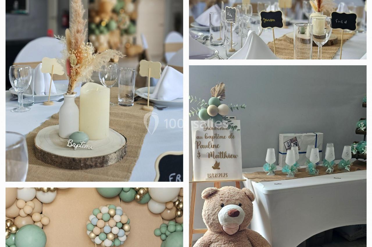 Décoration de table et salle pour une fête avec bougies, fleurs séchées, ballons et peluche en ambiance douce et festive.