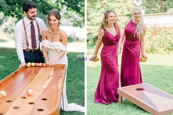 Deux photos montrant des invités élégamment vêtus jouant à des jeux en bois lors d'un événement en plein air.