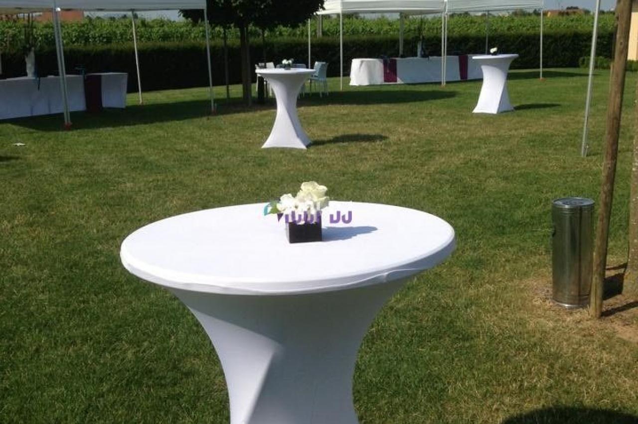Tables hautes blanches dressées sur une pelouse avec des tonnelles blanches en arrière-plan.