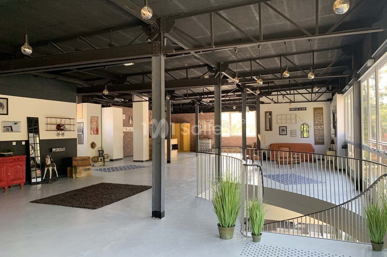Intérieur spacieux et lumineux d'un loft industriel avec mezzanine, grandes fenêtres et décoration moderne.