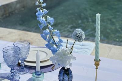 Miniature Location salle Roquevaire (Bouches-du-Rhône) - Nao Athéna #22 Table dressée avec vaisselle et fleurs bleues près d'une piscine entourée de dalles claires et de végétation.