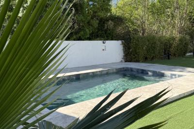 Miniature Location salle Roquevaire (Bouches-du-Rhône) - Nao Athéna #31 Table dressée avec vaisselle et fleurs bleues près d'une piscine entourée de dalles claires et de végétation.