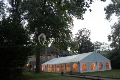 Miniature Location salle Rosay (Yvelines) - Manoir des Foulons #9 Salle décorée avec des ballons blancs et dorés, rangées de chaises rouges alignées sur un tapis rouge.
