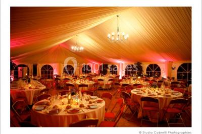 Miniature Location salle Rosay (Yvelines) - Manoir des Foulons #11 Salle décorée avec des ballons blancs et dorés, rangées de chaises rouges alignées sur un tapis rouge.