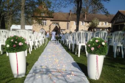 Miniature Location salle Rosay (Yvelines) - Manoir des Foulons #21 Salle décorée avec des ballons blancs et dorés, rangées de chaises rouges alignées sur un tapis rouge.