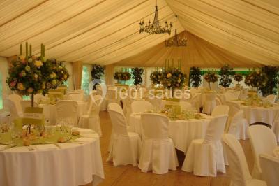 Miniature Location salle Rosay (Yvelines) - Manoir des Foulons #2 Salle décorée avec des ballons blancs et dorés, rangées de chaises rouges alignées sur un tapis rouge.