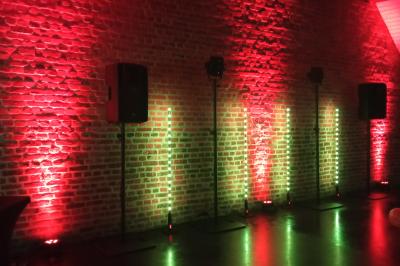 Miniature DJ Linselles (Nord) - AB Evènementiel #14 Mur en briques éclairé par des lumières rouges et vertes avec des enceintes noires sur pieds alignées.